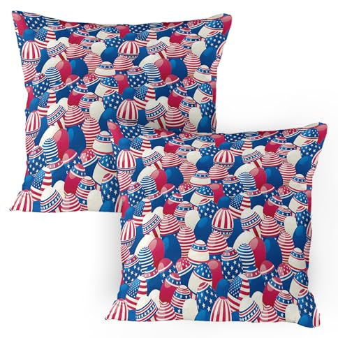 ABAKUHAUS USA Kissenbezug Packung mit 2, Amerikanische Ostereier Übereinander gestapelt mit verschiedenen Flaggen Motiven, Dekorativer Standard Gedruckter Kissenbezug, 80 x 80 cm, Weiß Blau Rot
