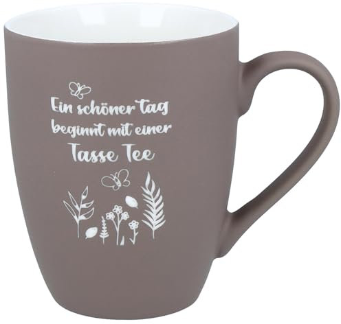 Spruchreif | Soft-Touch Tasse Taupe Ein schöner Tag beginnt mit Tee – Beidseitig gravierte Tasse mit Spruch | Geschenk für Teeliebhaber, Genießer & Morgenmenschen | 350 ml