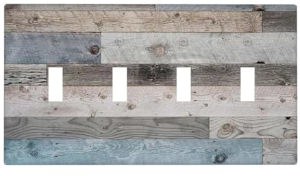 Country Kitchen Lichtschalter-Abdeckplatte für 4-Gang-Kippschalter, Vintage-Stil, Blau, Holzplanke, dekorative elektrische Frontplatte, dekorative Schalterplatte, schraubenlos