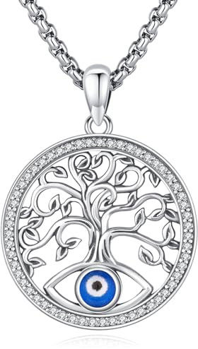 Eusense Baum des Lebens Halskette 925 Sterling Silber Evil Eye Anhänger Halskette Türkisch Blau Auge Schutz Halskette Baum des Lebens Schmuck Geschenke für Frauen Damen Mutter Mädchen