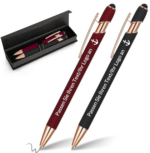 kodinsiivous 2 Stück Personalisierbarer Kugelschreiber,Metall Stift mit Stylus, Druckkugelschreiber mit Namen und Ikone Gravur Geschenk für Abschlussfeier, Jubiläum, Büro, Glattes Schreiben,Rot