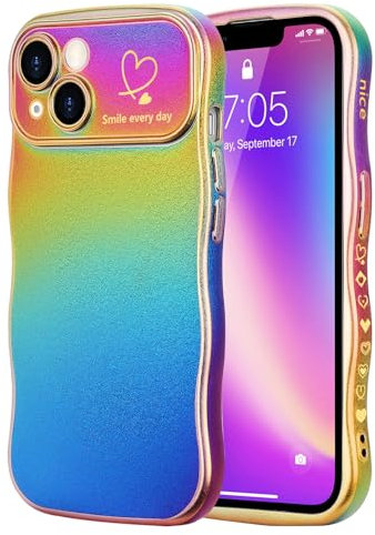 LCHULLE Kompatibel mit iPhone 13 Hülle Liebesherz Mädchen Handyhülle Wellen Lockige Form mit erhoben Kameraschutz Luxus Galvanisierte Schutzhülle Girls Case für iPhone 13 Buntes Dunkellila