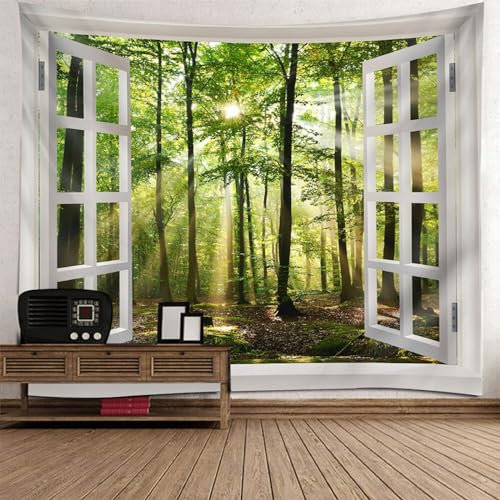 Mesnt Wandteppich Natur XXL, Weißes Fenster mit natürlicher Waldlandschaft draußen Tapisserie Dekoration für Schlafzimmer Wohnzimmer, 350x256cm