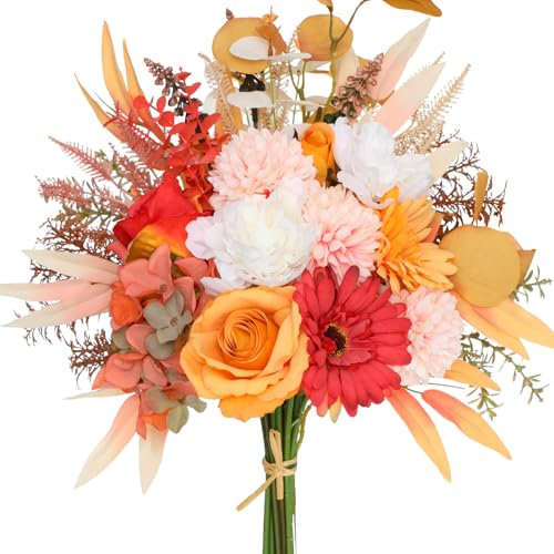 JUSTOYOU 2Pcs Künstliche Blume Seide Hortensia Blumenarrangements, Weiße und Orange Blume Faux Pflanzen Blumensträuße für Hochzeitsdekorationen, Kunststoff Floral Tisch Mittelstücke für Home Decor