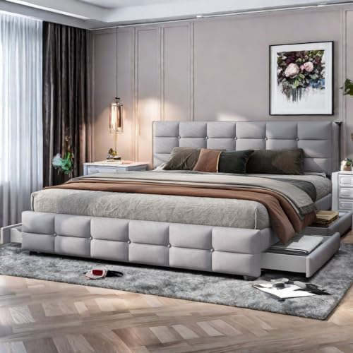 Cama de Matrimonio 180 x 200 cm Con Somier y Respaldo - 4 Compartimentos de Almacenamiento, Cabecero Ajustable, Tapizada en Tela de Terciopelo