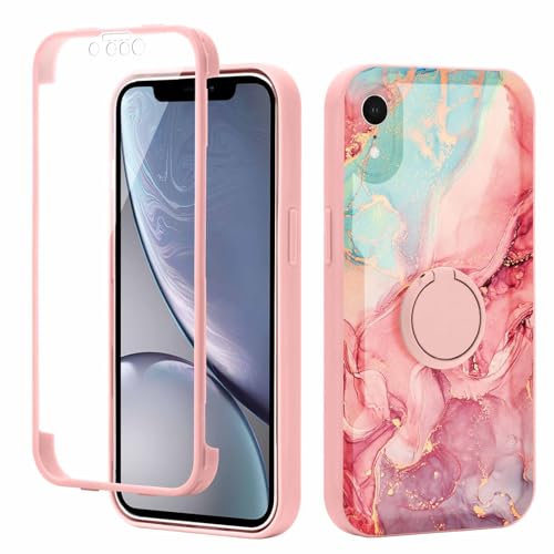 Yoedge Kickstand Phone Case for iPhone XR 6.1,360°Rotatable Magnetic Ring Holder Cases,Full Body Shockproof Silicone Back Cover with Built-in Screen Protector,Pink Marble Pattern for iPhone XR