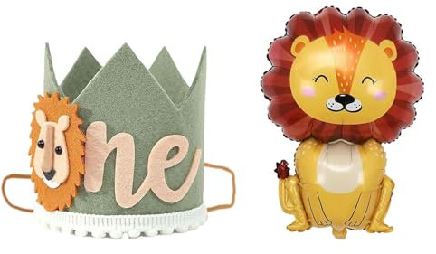 1 Löwe-Krone Zum 1. Geburtstag Mit 1 Lächelndem Löwen-Ballon, Geburtstagshut Für Jungen Und Mädchen, Geburtstagsparty-Dekorationen, Foto-Requisiten, Kopfschmuck, Dschungel-Party-Dekorationen