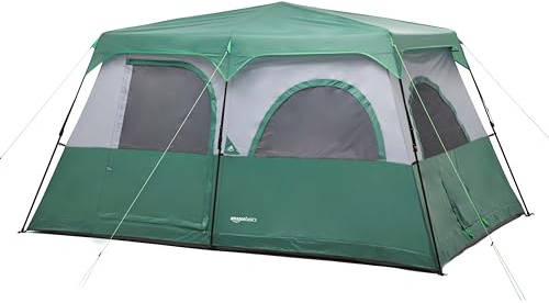 Amazon Basics 10-Person Instant Camping Tent with Rainfly, Pre-Attached Telescoping Frame, Weather-Resistant, Quick Setup, Mesh Windows, Room Divider, for Large Group & Family, Green,