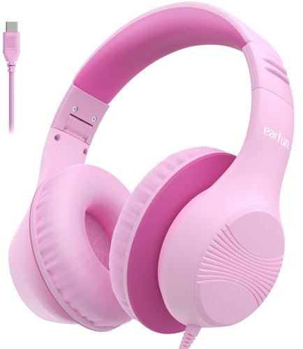 EarFun Kids Headphones Wired, Type-C Plug, Huge Over Ear Foldable Earmuffs, 85 dBA Volume Limited, HD Stereo Sound, Comfort Fit for Tablet/Phone/PC/Pad/Boys for Travel&Study, Pink