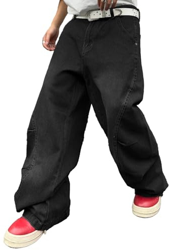 Zewool Mens Irregular Sutures Baggy Jeans Y2k Hip Hop Wide Leg Denim Pants Casual Fashion Trousers Streetwear Loose Fit Straight 2000s Relaxed Fit Sport Skater Jogging Skateboard,A Black,M