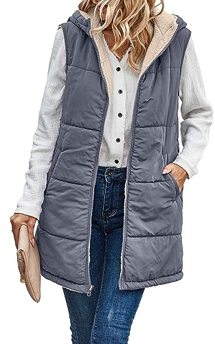 Famulily Women's Fleece Long Gilets Body Warmer Padded Reversible Sleeveless Vests Zip Up Outwear Jacket