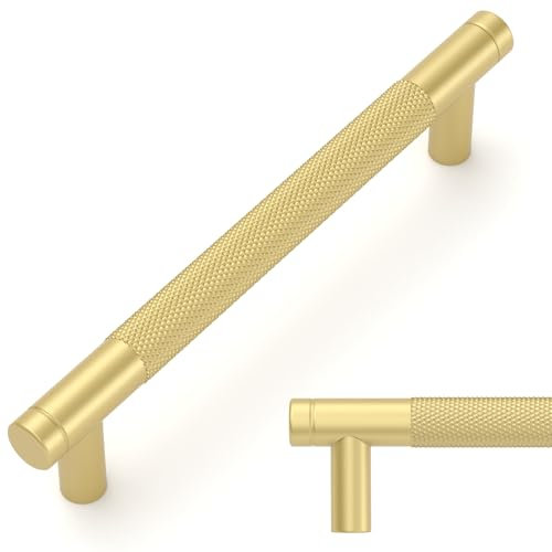 Amerdeco 10 Pack Brushed Gold Knurled Cabinet Pulls 160mm Center to Center Kitchen Cabinet Handles for Drawer Dresser, Cupboard and Wardrobe AM003