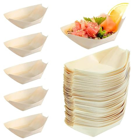 100 Piezas Platos Bambú, de Aperitivo Desechables, Servir Comida Desechables, Madera Platos Desechables, Platos de Madera, Bandejas Desechables, Cuenco Cartón Desechables, para Bodas, Fiestas