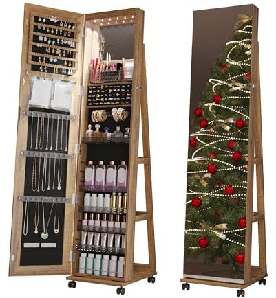 Gurexl Spiegelschrank mit Beleuchtung, Schmuckschrank mit LED Spiegel mit 360° drehbaren Rädern Ganzkörperspiegel Abschließbarer Aufbewahrung Mehrere Fächer Abschließbar