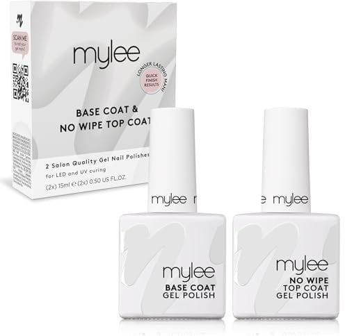 Mylee Nail Gel Polish Top & Base Coat, UV/LED Soak-Off Nail Art Manicure Pedicure for Salon & Home Use - Lasts up to 2 Weeks, Easy to Apply, Durable & Safe (No-Wipe Top & Base 2x10ml, 2x10ml)