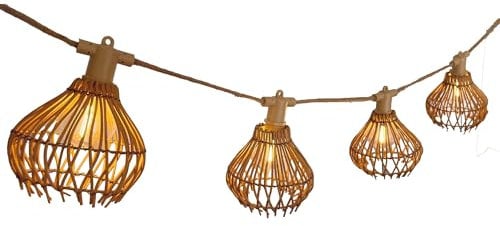 Lichterkette für den Außenbereich, anschließbar, 10 natürliche Rattan-Lampen, Rotilia Light HYBRID, warmweiß, 8 m, solarbetrieben und mit Netzanschluss