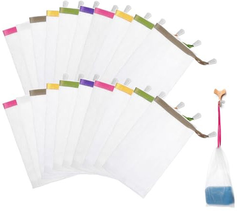 Ouligay 20PCS Soap Bag for Shower Mesh Soap Bags for Soap Bars Soap Pouch with Drawstring for Foaming and Drying for Homemade Soap, 15.5x9cm, White