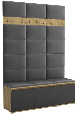 Brent - Garderobenschrank Flur Artisan Eiche Schwarz mit sitzbank 150 cm Breit Luton 3 - Multifunktionale Flurgarderobe Set mit Stauraum und Wandpaneel, Garderobe mit Sitzfläche und Kleiderhaken
