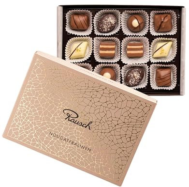 Rausch Nougat-Pralinen 12 Stück – cremiges Nougat umhüllt von zartschmelzender Bitter-, Vollmilch- und weißer Schokolade – 130g Packung mit 12 Meisterhaften Pralinen
