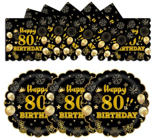 EVYIENEN 50Pcs 80th Birthday Party Paper Plates and Napkins,25 x 7inch Black and Gold Scalloped Dessert Plates Party and 25 x 6.5inch Cocktail Napkins for Birthday Wedding Anniversary Decorations