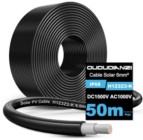 Oududianzi Solar Cable 6mm2 50m, Cable Placa 10/15/20/25/30/50m, Solar Cable de Extensión para Panel Solar, Cable Fotovoltaico, Cable de Extensión Solar Para Paneles Solares Sistemas (50m Negro)
