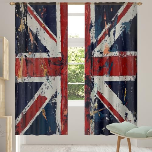 Helhappy Halbtransparente Vorhänge, Retro-Stil, Union Jack-Flaggen, Stangentasche, Lichtfilterung, Fenstervorhänge für Schlafzimmer, Wohnzimmer, 140 x 213 cm, 2 Stück