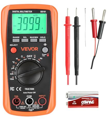 VEVOR Multimetro Digitale, Voltmetro DC/AC TRMS da 4000 Conteggi, Multimetro con Selezione Automatica per Misurazioni di Corrente, Tensione, Resistenza, Capacità, Temperatura, Diodi, Continuità