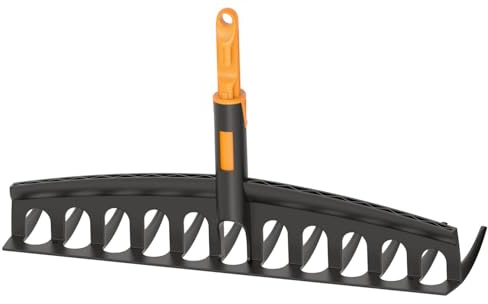 Fiskars OneClick Universalrechen, Rechen-Aufsatz für Gras und Laub | Müheloses Wechseln mit nur einem Klick, Abgewinkelte Zinken, Schwarz/Orange, 1080674