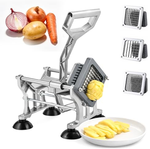 Orifesio Pommesschneider, Professionell Kartoffelschneider mit 6mm, 9mm, 13mm Klingen aus Edelstahl, Pommes Frites Schneider Manuell mit Saugnapfbasis, Geeignet für Kartoffel Karotte Gurke Zwiebel