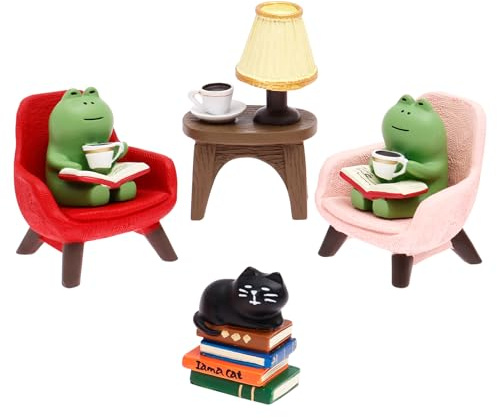 Bpyhebe 6PCS Cute Mini Cat Frog Figurines, DIY Funny Frog Cat Sculpture with Sofa and Desk, Resin Frogs Cats Ornaments Statues Desk Accessories for Home Office Bookshelf Fairy Garden Decor