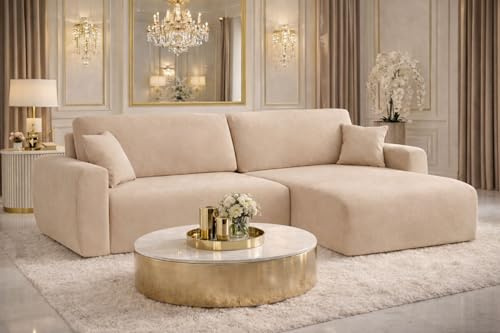 Kaiser Möbel Ecksofa mit Schlaffunktion und Bettkasten Ariel L – L-Form, Veloursstoff Salvador, Schlafsofa mit Liegefläche 200x140 cm, Modernes Wohnzimmersofa (Veluros-Salvador, Beige, Rechts)