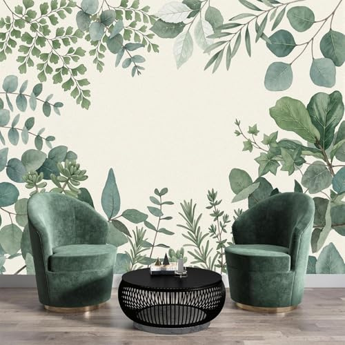 Feuilles D'Eucalyptus Naturelles Papier Peint Panoramique, Aquarelle Fraîche Papier peint en soie, 400 x 280 cm Tableaux Poster Décoration Murale, Fond Tv Décoration Murale Salon Chambre, Vert Clair