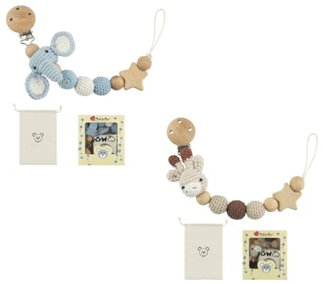 2 Stück Handgemachte Schnullerkette Cup Catcher Sicherheitsgurt für Verstellbarer Kinderwagenkette zum Aufhängen vonTrinkbecher Halteriemen für Kinderwagen(Giraffe, Elefant Design)