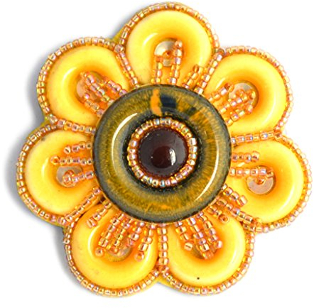 Broche Fleur Jaune orangé en Porcelaine et Perles de Verre - Bijou Fantaisie