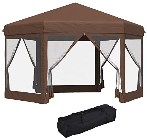Outsunny 3.5m x 4m Hexagonal Pop Up Gazebo, Canopy Tent Sun Shelter for Patio Outdoor Party, Height Adjustable, with Mosquito Netting and Carry Bag - Brown