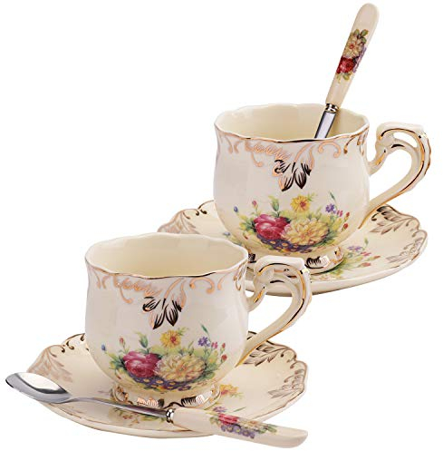 Foraineam Juego de 2 tazas de té y platillo, 8 onzas, arbustos florecientes, taza de café de cerámica marfil, taza de té de porcelana floral elegante con platillo y cuchara