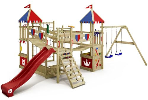 WICKEY Aire de Jeux Smart Queen portique en Bois avec bâche & balançoire et Toboggan, Tour d'escalade pour Enfants avec bac à Sable, échelle et Accessoires de Jeu pour Le Jardin. (Rouge/Rouge-Bleu)