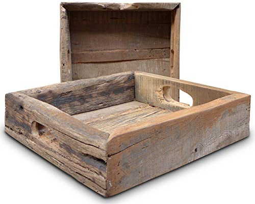 LS-LebenStil Vintage Holz Serviertablett Dehli 38x38cm - Echt-Holz Fundholz Rustikal - Tragegriffe Grifftablett - Betttisch Betttablett Holzteller Getränke-Tablett Snacktablett Frühstückstablett