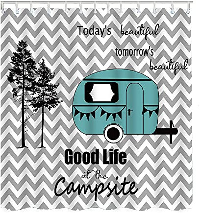 Wondertify Camper Rv Duschvorhang, Anhänger, Reise, Baum, Chevron, Zick-Zack-Streifen, Camping, Happy Camp wasserdichte Duschvorhänge für Badezimmer mit 12 Ösen Haken, 152 x 183 cm