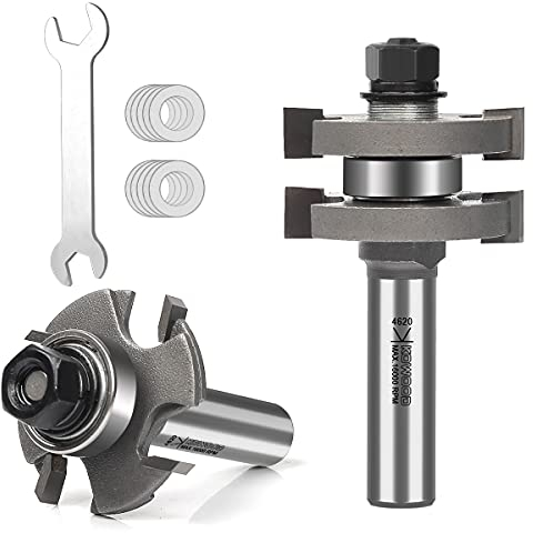Pro Adjustable Tongue and Groove Router Bit Set 1/2 Inch Shank, T Shape Wood Milling Router Bit for Match Oak Hardwood Floor Wainscoting Boards Joinery 7/32 to 3/8 Space