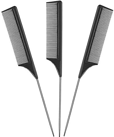 3 Pack Salon Hair Comb Set - Pintail & Stainless Steel Handle, Anti-static & Heat Resistant Carbon Lift Teasing Combs for Home