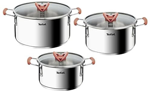 Tefal Optispace Set of 3 Cooking Pots 18/20/24 cm + 3 Lids, Suitable for Induction, Thermo-Fusion, Measuring Marks, Dishwasher and Oven Safe, Stainless Steel