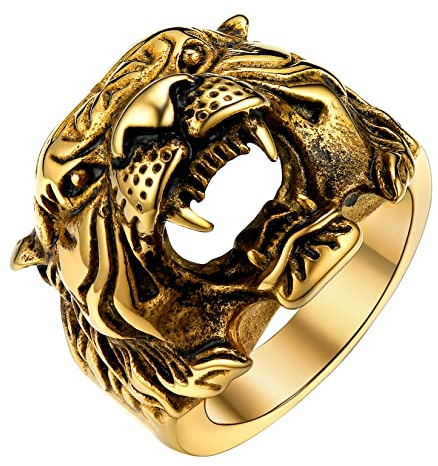 U7 Herren Punk Ring 18k vergoldet Tigerskopf Ring Retro Tiger Design Statement Ring Tribal Biker Modeschmuck Hip Hop Rapper Accessoire für Geburtstag(Ring Größe 57)