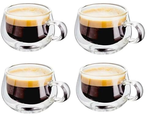 Green Globe Set of 4 Double Walled Glass Coffee Tea Cups with Handle 225ml | Hollow Vacuum Sealed, Hand Made, Heat Resistant, Dishwasher Safe