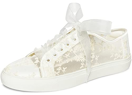 JIAJIA 8835 Hochzeitsschuhe Braut Turnschuhe Wohnungen Braut Tennisschuhe Spitze Turnschuhe Farbe Elfenbein,Größe 40 EU (6.5 UK)
