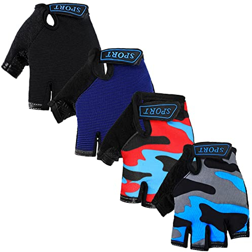 Geyoga 4 Paar Kinder Halbfinger Fahrradhandschuhe Atmungsaktiv Fingerlose Radfahren Handschuhe Rutschfeste Gel Fingerlose Radsport Handschuhe für Kinder Jungen Mädchen, Mehrere Farben (8-12 Jahre)