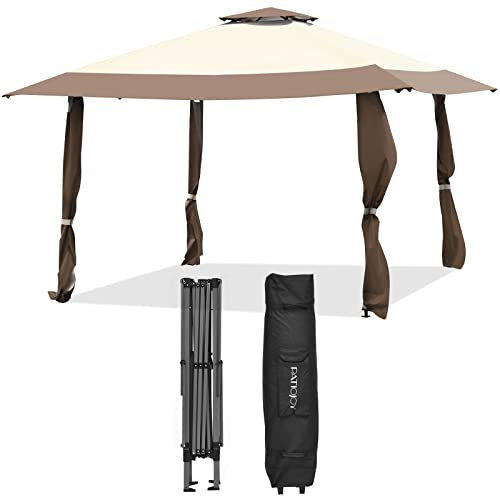 COSTWAY Tonnelle de Jardin Pliante 4Mx4M Toit à 2 Niveaux, Tente de Reception Imperméable Tissu Oxford à 3 Hauteurs Réglables 267-284CM Sac de Rangement, pour Cour Patio Plage (Marron)