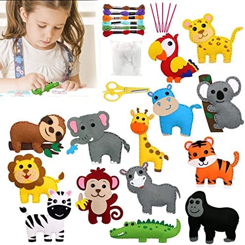 14 Stück DIY Nähset Kraeoke DIY Bastelset Tiere Basteln für Kinder mit Schere zum Nähen