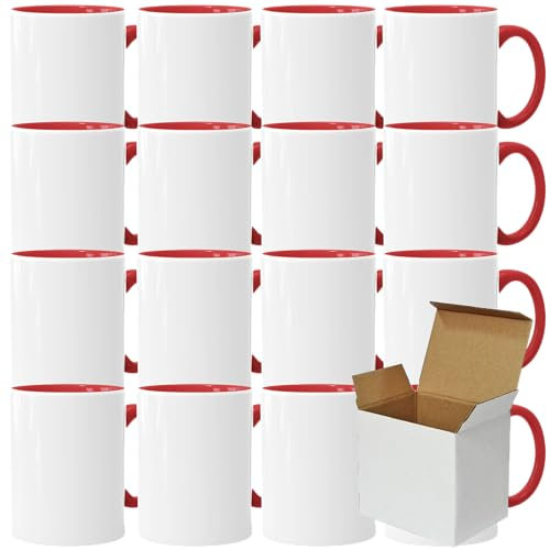 Acen Merchandise Lot de 4 tasses à sublimation sans impression en céramique de qualité supérieure - Gobelets à sublimation avec encre - Intérieur et anse rouge