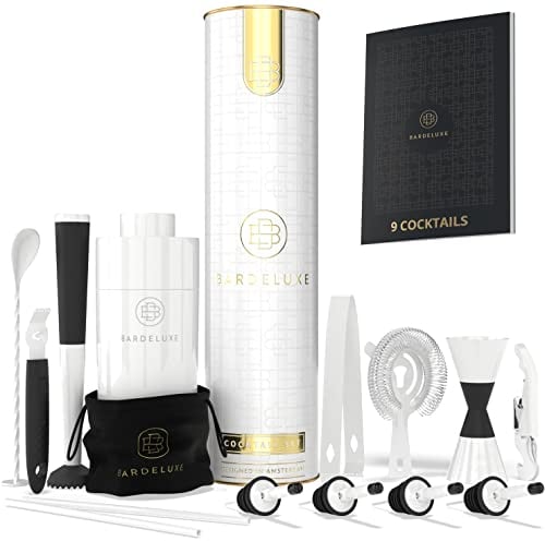 BarDeluxe® Kit Cocktail, 12 Pièces, Kit Cocktail Professionnel | Shaker Cocktail 750ml, Acier Inoxydable | Cocktail Shaker Kit, Kit Barman, Cocktail Kit | Set de Cocktail | Livre de Cocktails (Blanc)